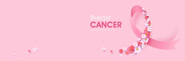 Câncer de mama, mês de conscientização de outubro, fita rosa e fundo de flores