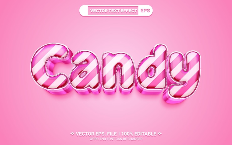 Vetor candy cane rosa brilhante efeito de estilo de texto vetorial 3d editável