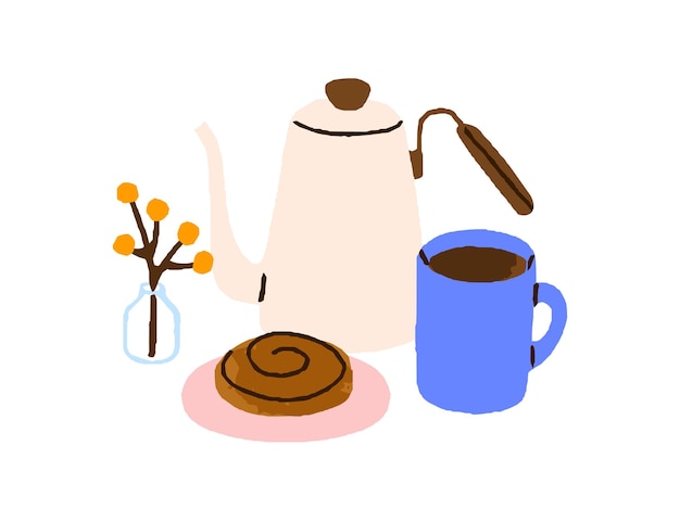 Caneca de café e composição de padaria Rolo doce de caneca de café Bebida americana da manhã em copo e pão Café fresco e sobremesa para o pequeno-almoço Ilustração vetorial plana isolada em fundo branco