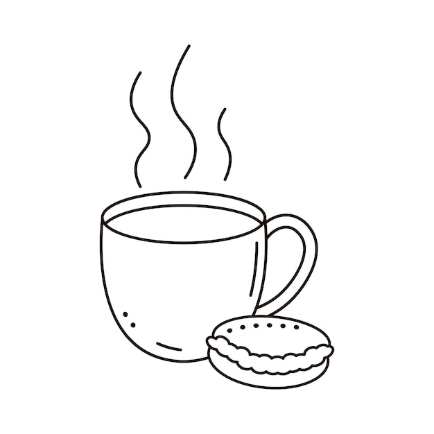 Caneca de café ou chá e biscoito isolado no estilo doodle branco