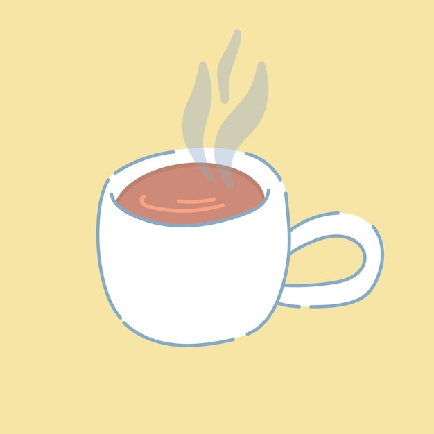 Caneca de café quente bebida energizante matinal estilo de desenho animado ilustração vetorial desenhada à mão em um fundo amarelo isolado