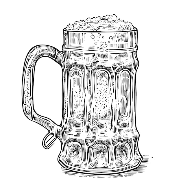 Caneca de cerveja com esboço de espuma desenhado à mão em estilo de gravura ilustração vetorial