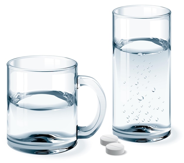 Vetor caneca e copo de água isolado no branco. uma cor global para o vidro e três cores para o líquido