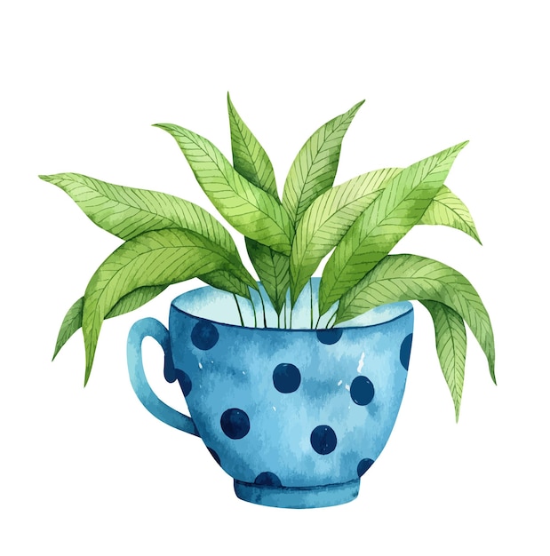 Caneca em aquarela azul com uma planta verde isolada