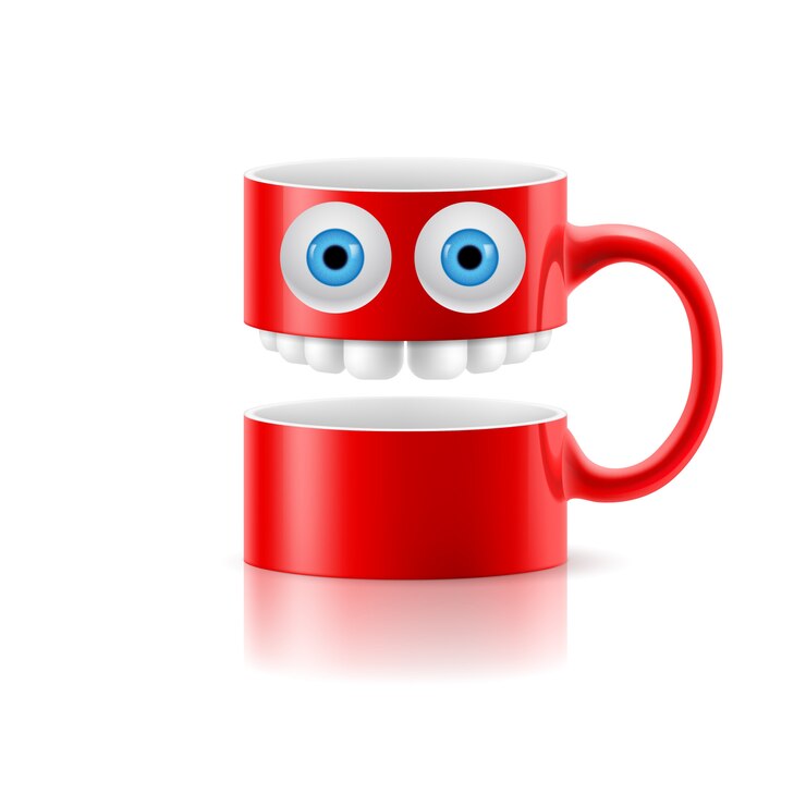 Vetor caneca vermelha de duas partes com dois olhos e dentes