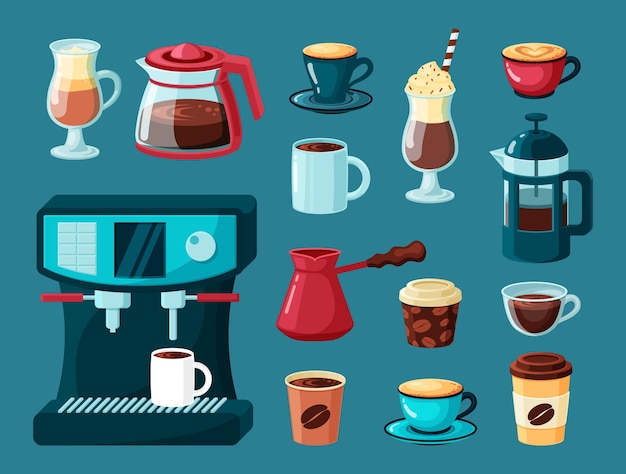Vetor canecas de café. bule e xícaras bebidas energéticas quentes latte americano cappuccino em copos transparentes cafeteira