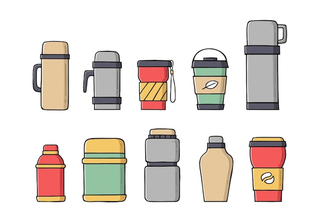 Vetor canecas térmicas de viagem coloridas, copos reutilizáveis para bebidas quentes em estilo doodle.