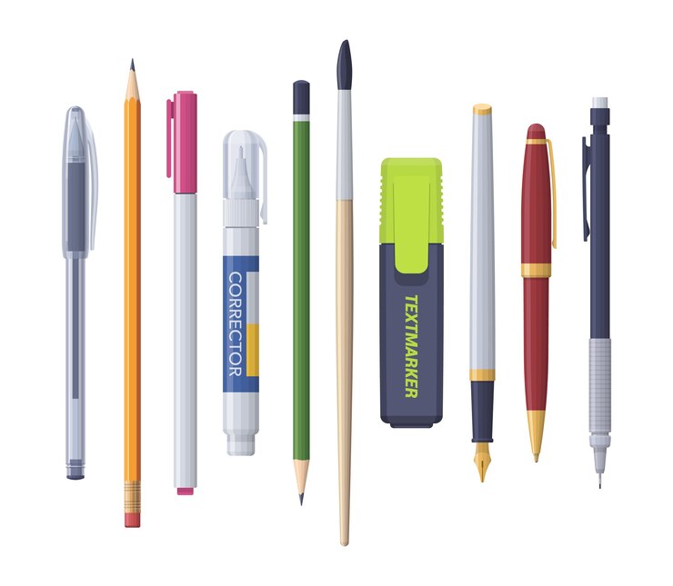 Vetor caneta, lápis, marcador, corretor, pincel afiado. kit de papelaria