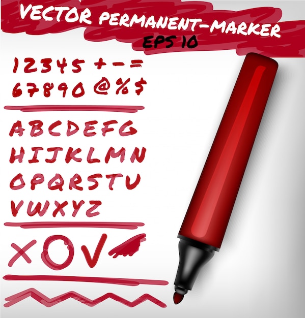 Vetor caneta marcador permanente de cor vermelha, conjunto de dígitos manuscritos, numerais, figura e sinal de verificação do alfabeto, mais, linha. ilustração de caneta de feltro