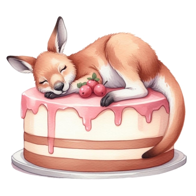 Canguru dormindo em bolo clipart aquarela