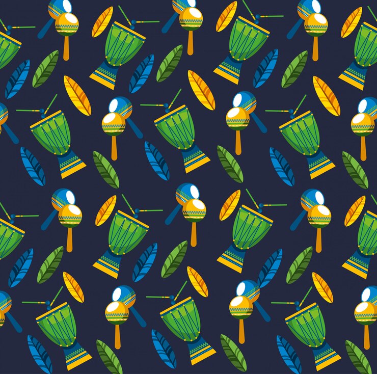 Vetor canival da celebração brasileira do rio com padrão sem emenda de instrumentos musicais