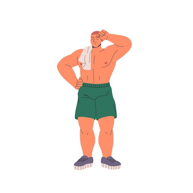 Cansado de treinar homem forte com toalha no ombro fisiculturista muscular com torso atlético nu corpo robusto estilo de vida esportivo ilustração vetorial isolada plana em fundo branco