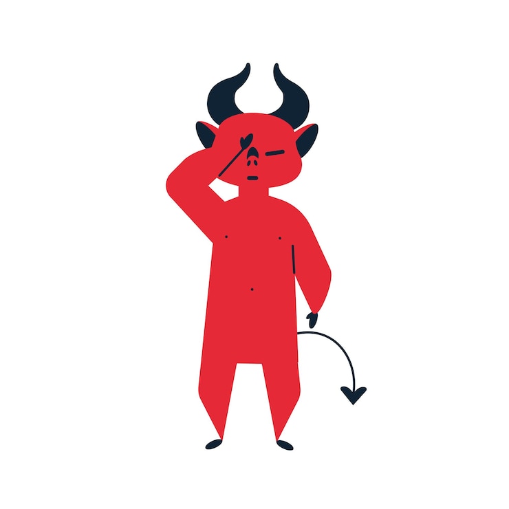 Vetor cansado dos desenhos animados ilustração plana de vetor de diabo vermelho. exausto monstrinho fechado rosto à mão isolado no fundo branco. demônio com chifres com dor de cabeça.