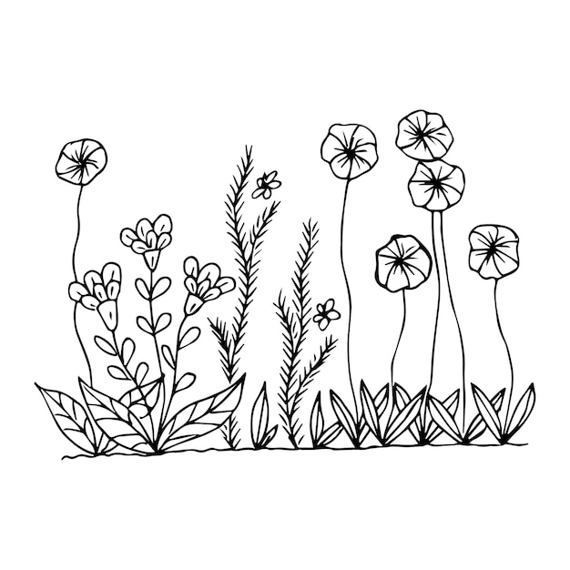 Canteiro de flores desenhado à mão com flores em estilo doodle