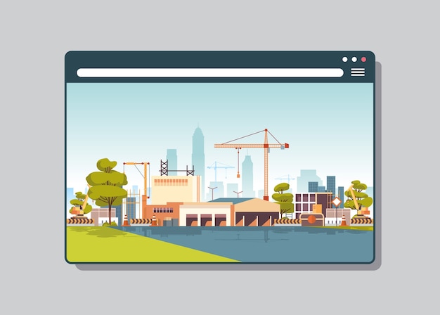 Canteiro de obras com guindastes na janela do navegador da web edifício digital