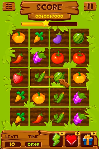 Canteiros de vegetais, elementos de interface do usuário do jogo, ícones de jogos 2D para o jogo de combinar 3. ilustração de uma fazenda de interface gráfica, bagas e frutos crescem.