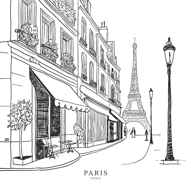 Vetor canto da cidade de paris desenhado à mão ilustração em preto e branco da linha vetorial