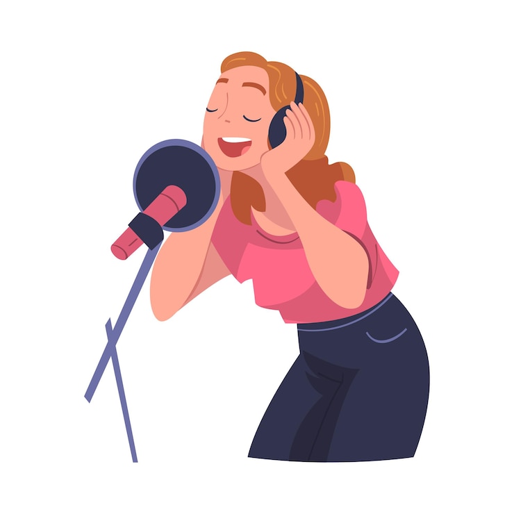 Vetor cantora e músico com microfone tocando música no palco ilustração vetorial