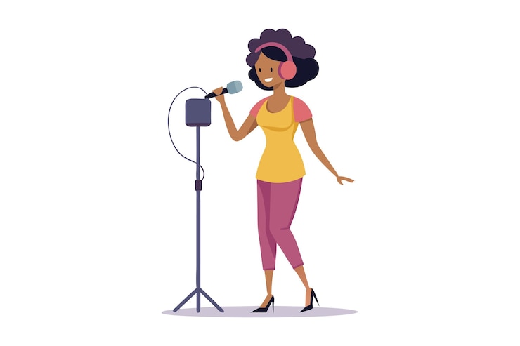 Vetor cantora gravando em estúdio com microfone e fones de ouvido