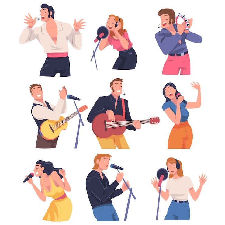Vetor cantores e músicos com microfone executam música no conjunto vetorial do palco