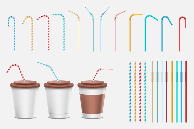 Vetor canudo realista com xícaras de café de papel dobradas e retas tubos coloridos