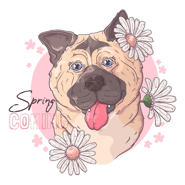 Cão akita desenhado à mão com flores