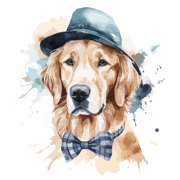 Vetor cão aquarelado usando chapéu