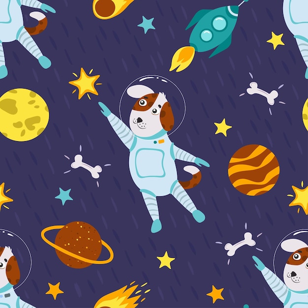 Cão astronauta, padrão sem emenda. Um lindo cachorro voa no espaço.