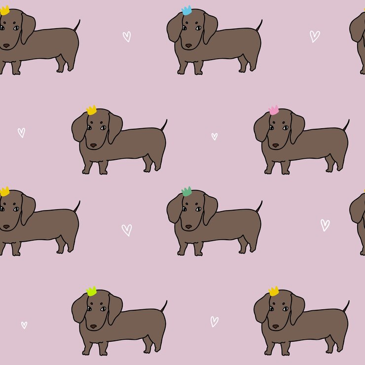 Vetor cão bassê bonito com corações de coroas padrão rosa e papel para scrapbooking doodle pet