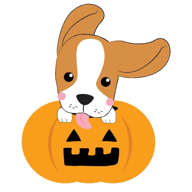 Vetor cão beagle bonito de halloween com abóbora