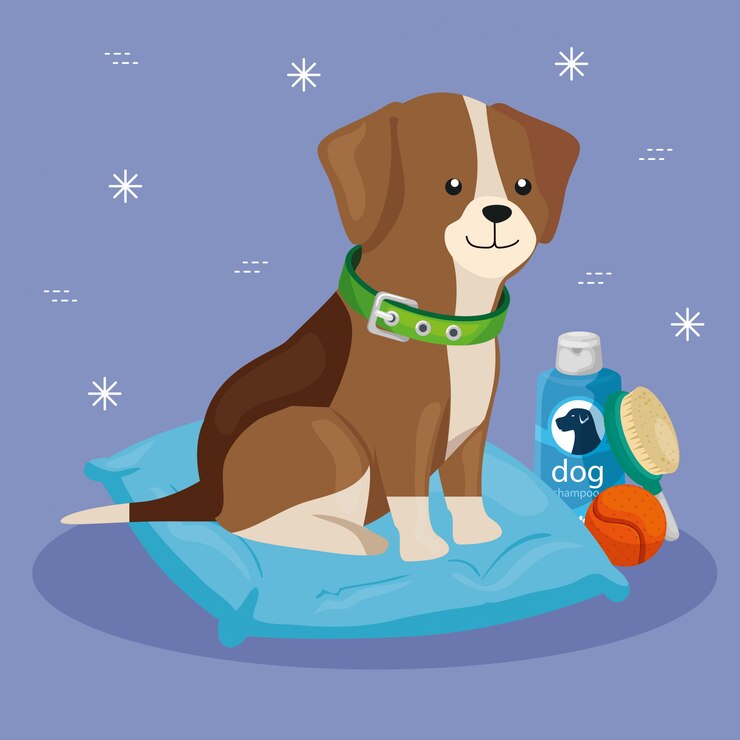 Vetor cão bonito com almofada e elementos para o cuidado