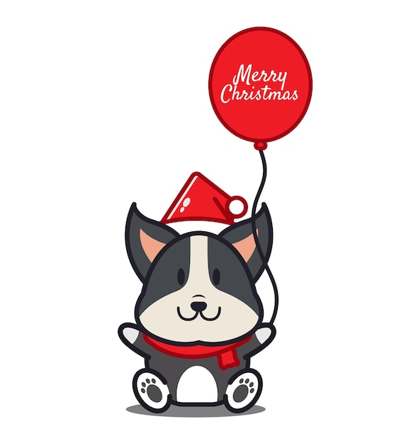 Cão bonito com balão. conceito de natal. estilo flat cartoon