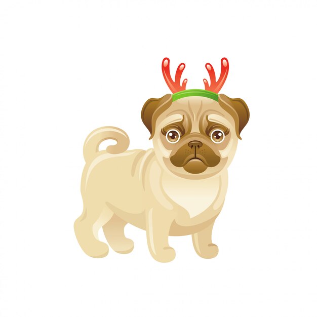 Cão bonito com decoração de chifres de veado de natal. filhote de pug dos desenhos animados. cartão de feliz natal.