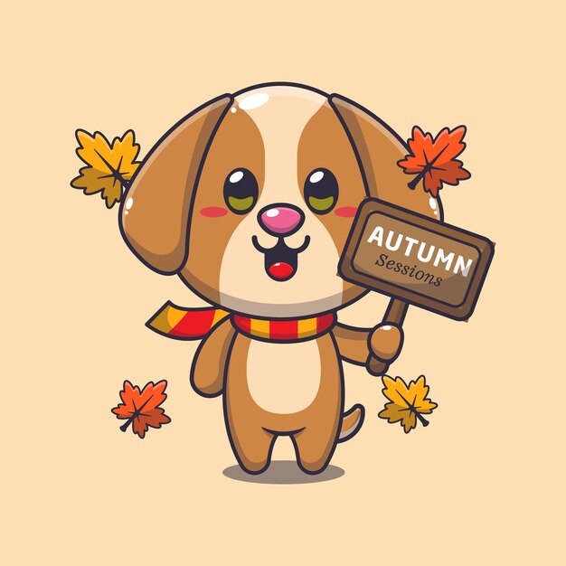 Vetor cão bonito com sinal de outono