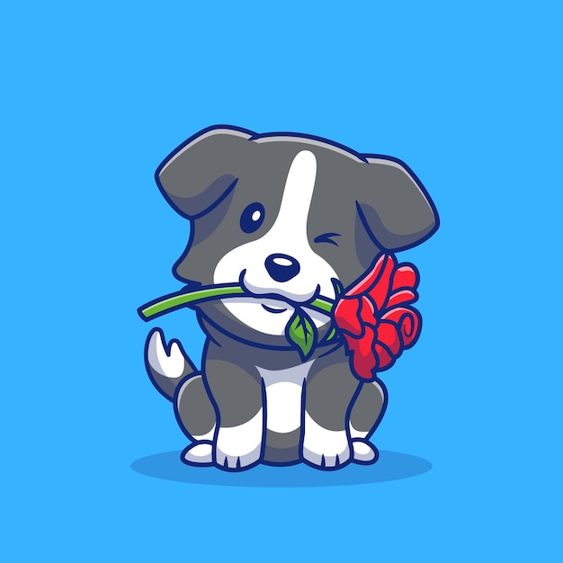 Cão bonito da collie com rosa vermelha cartoon icon illustration. conceito de ícone de romance animal isolado premium. estilo cartoon plana