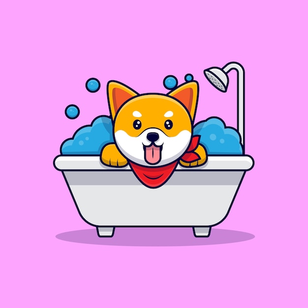 Vetor cão bonito da shiba inu a tomar banho ilustração do ícone dos desenhos animados