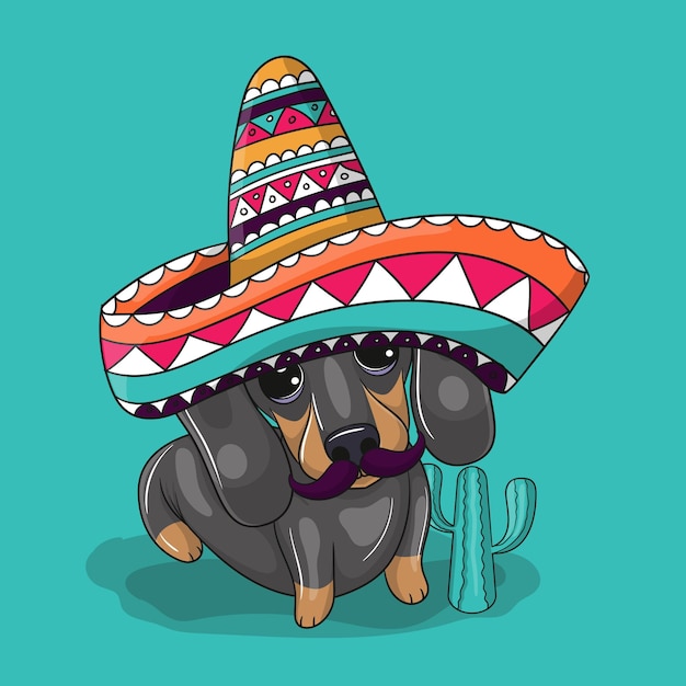 Cão bonito dos desenhos animados com chapéu do méxico. cinco de maio