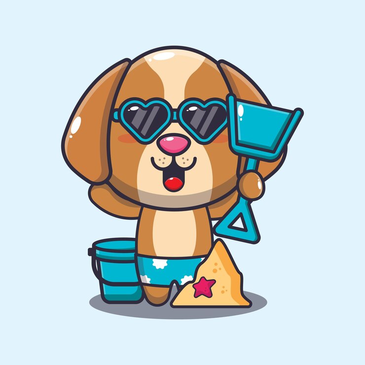 Vetor cão bonito em óculos de sol joga ilustração de desenhos animados de praia de areia.