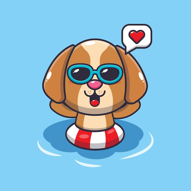 Cão bonito em óculos de sol nadando na ilustração de desenhos animados de praia.