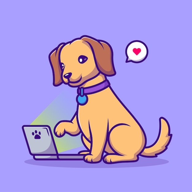 Vetor cão bonito jogando laptop cartoon ilustração de ícone vetorial conceito de ícone de tecnologia animal isolado