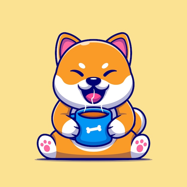 Cão bonito Shiba Inu segurando a xícara de café quente ícone dos desenhos animados.