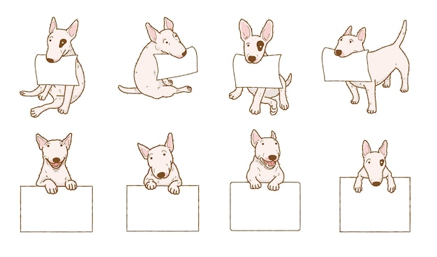 Cão bull terrier de desenho animado com papel em branco cão acima de banner ou ilustração de sinal