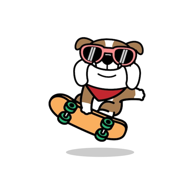 Cão bulldog fofo brincando de desenho animado de skate