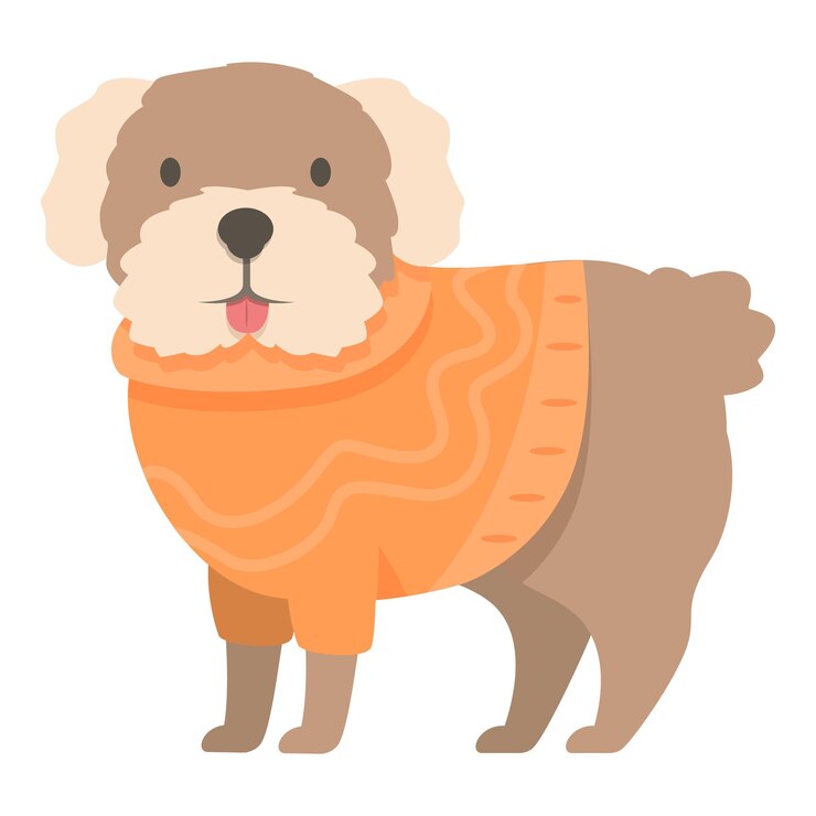 Vetor cão cachorro castanho vestindo suéter de lã laranja em pé em fundo branco