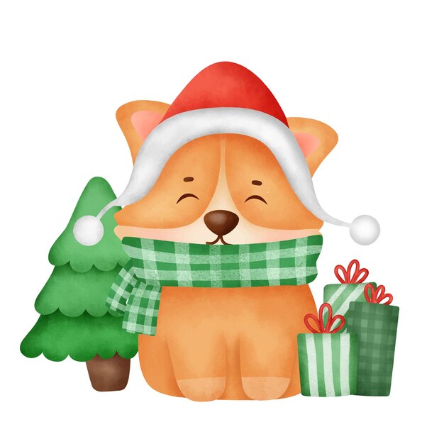 Cão corgi aquarela bonito dos desenhos animados com chapéu de papai noel para cartão de natal.