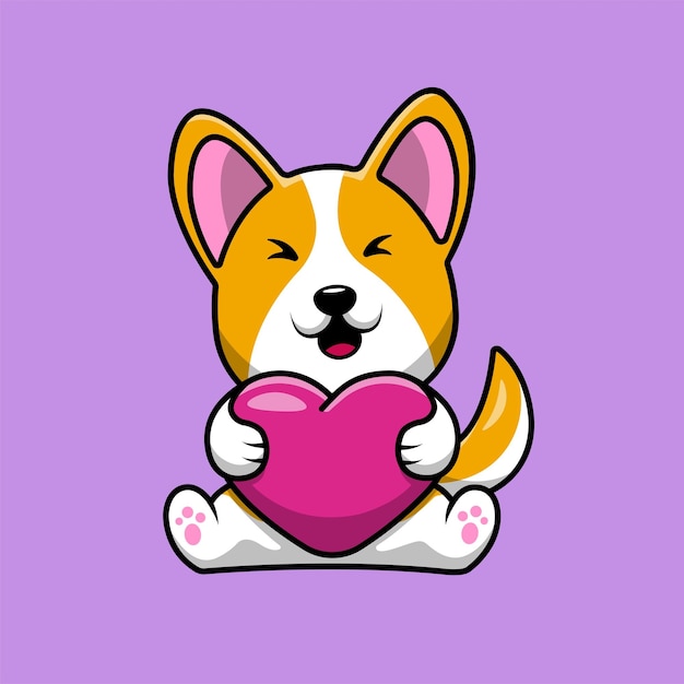 Cão Corgi bonito segurando a ilustração de ícone de desenho vetorial de coração