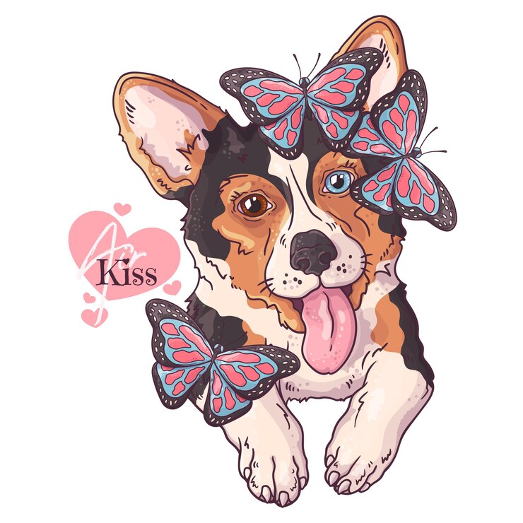 Vetor cão corgi desenhado à mão com borboletas