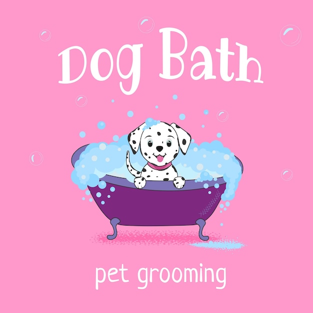 Vetor cão dálmata bonito tomando banho em um salão de beleza ilustração vetorial