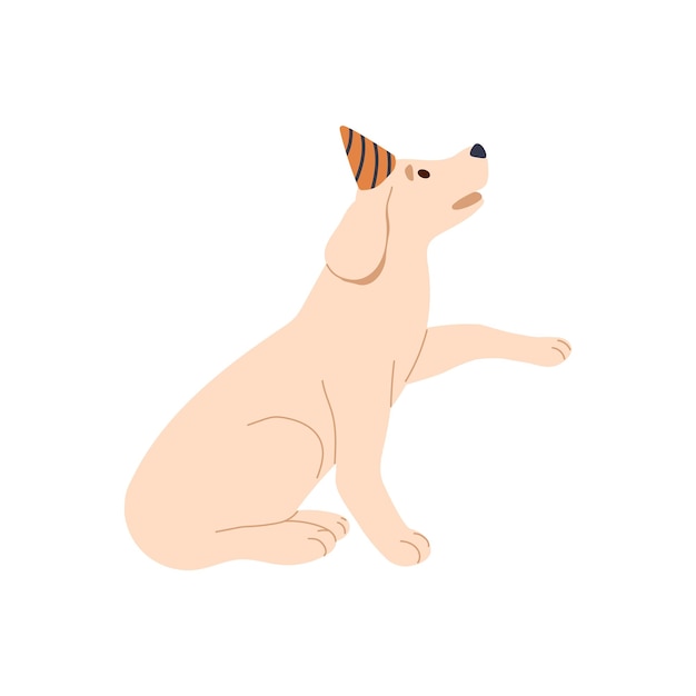 Cão de aniversário fofo com chapéu de festa Adorável cachorrinho engraçado usando boné de aniversário Animal canino comemora feriado Lindo cachorrinho labrador com pata levantada Ilustração em vetor plana isolada no fundo branco