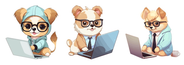 Cão de desenho animado bonito com óculos e um laptop ilustração vetorial